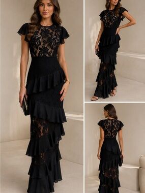 PrettyLittleThing Black Lace Ruffle Maxi Dress